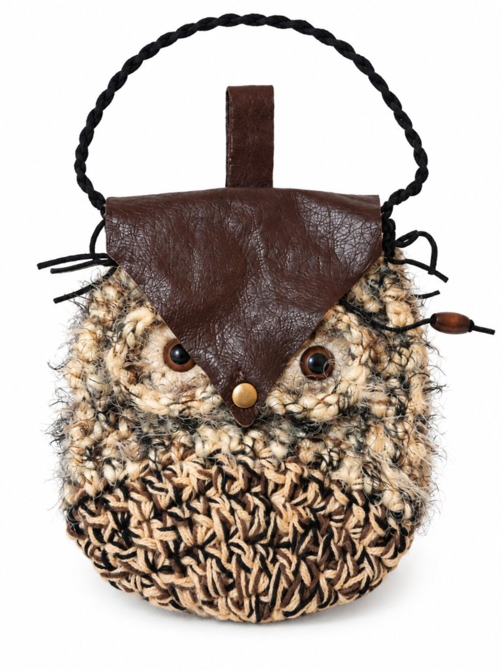 Handmade Owl Purse Crochet Yarn Brown Flap Boho Art Bag Shoulder Handbag 12x11